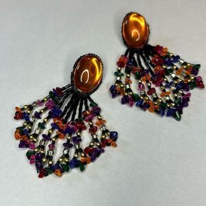 Orange acrylic and black multicolored seed bead statement dangle earrings